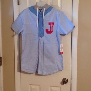 Striped light blue/white hooded shirt Sz: M
